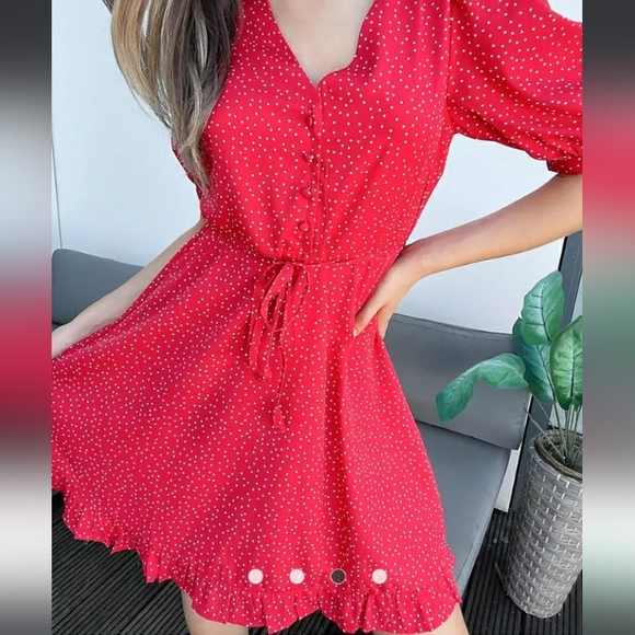 ASOS New Look button through mini dress in red polka dot - Picture 3 of 4